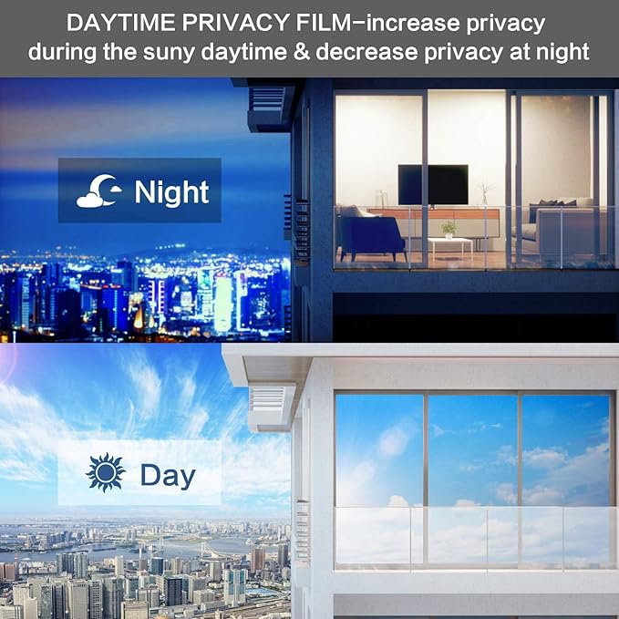 Volcanics One Way Window Privacy Film with Installation Tools, Sun Blocking Window Tinting Film for Home Heat Control Mirror Tint Film Static Cling 35.4 x 78 Inches, Silver