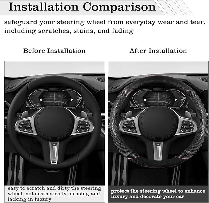 5D Honeycomb Black Car Steering Wheel Cover,14.5-15 Inch Universal Carbon Fibre Leather Covers Breathable Anti-Slip Odorless 