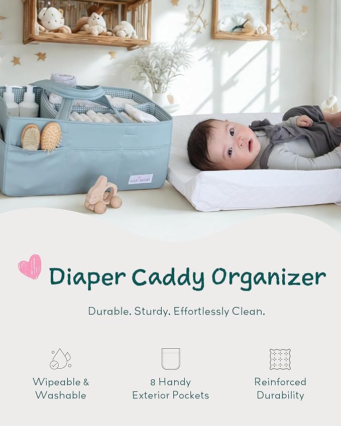 Lily Miles Baby Diaper Caddy Organizer, Wipeable Diaper Organizer Basket with 8 Pockets for Newborn Essentials, Nursery Tote 