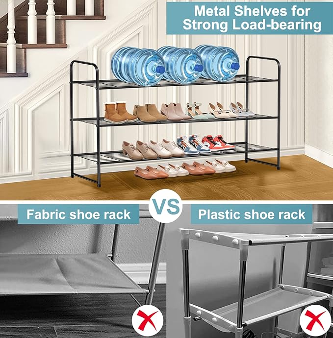 AOODA Long 3 Tier Metal Shoe Rack for Closet Wide Stackable Shoe Storage Organizer for Entryway, Bedroom, Floor, 24-Pairs Men
