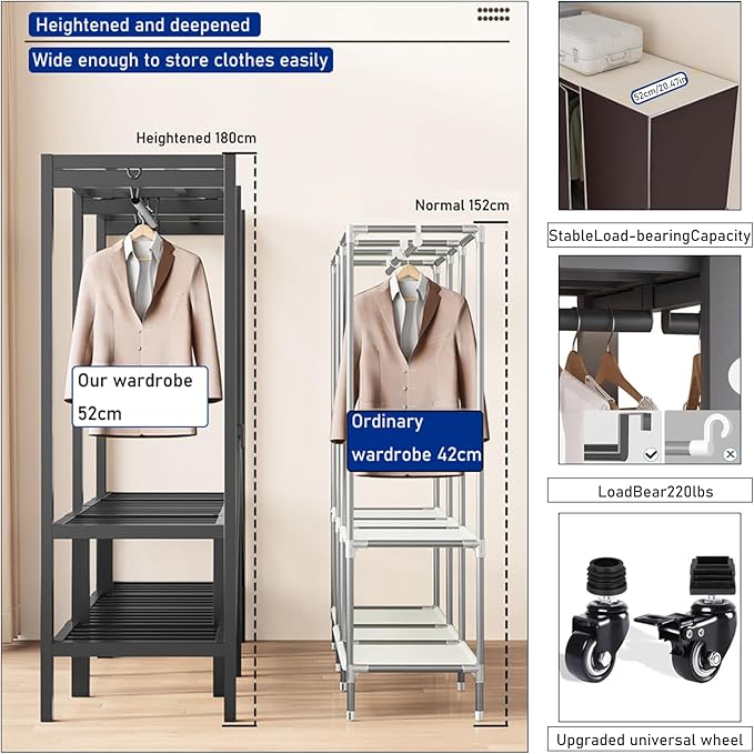 Heavy Duty Clothes Rack With Magnetic Door, Load 1500lbs, Foldable Portable Wardrobe Closet, Hanging Clothing Metal Garment R