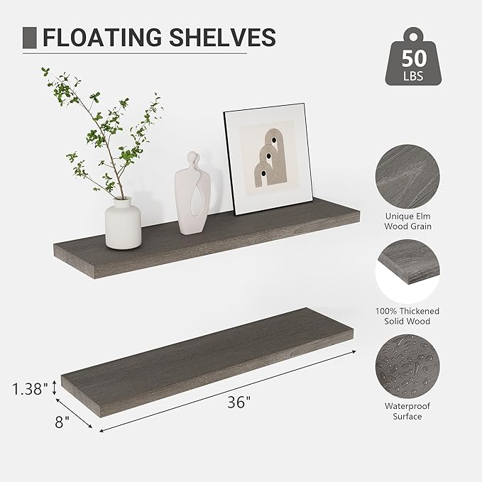 Vivelove Solid Wood Floating Shelves Set of 2, Elm Wood Wall Shelf with Invisible Bracket for Living Room Bedroom Bathroom Of