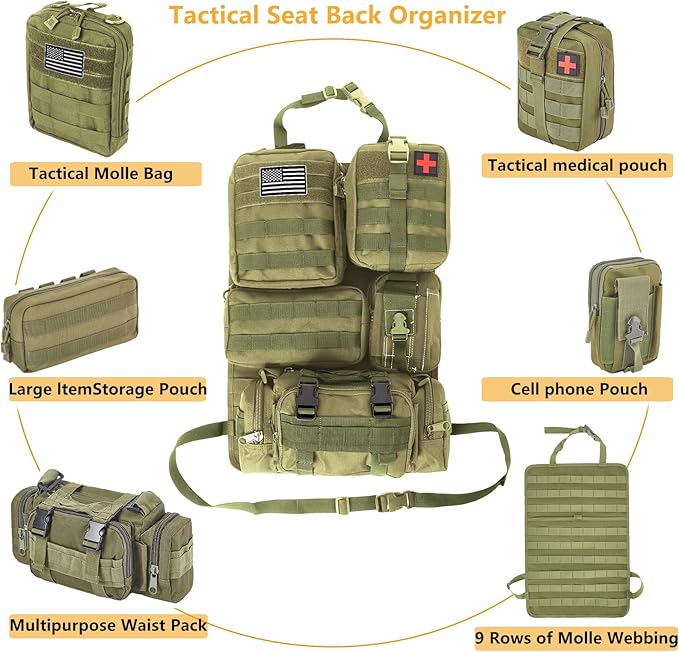 tactical car seat back organizer and storage truck seat covers with a Molle Vehicle Panel and 5 Different Size Molle Pouches for most models such as Jeep,SUV,Pickup (Army green)