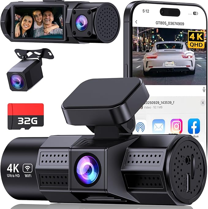 4K 3 Channel Dash Cam Front and Rear Inside, Dash Camera for Cars WDR Night Vision, 2 Inch IPS Screen WiFi App Control, 24H P