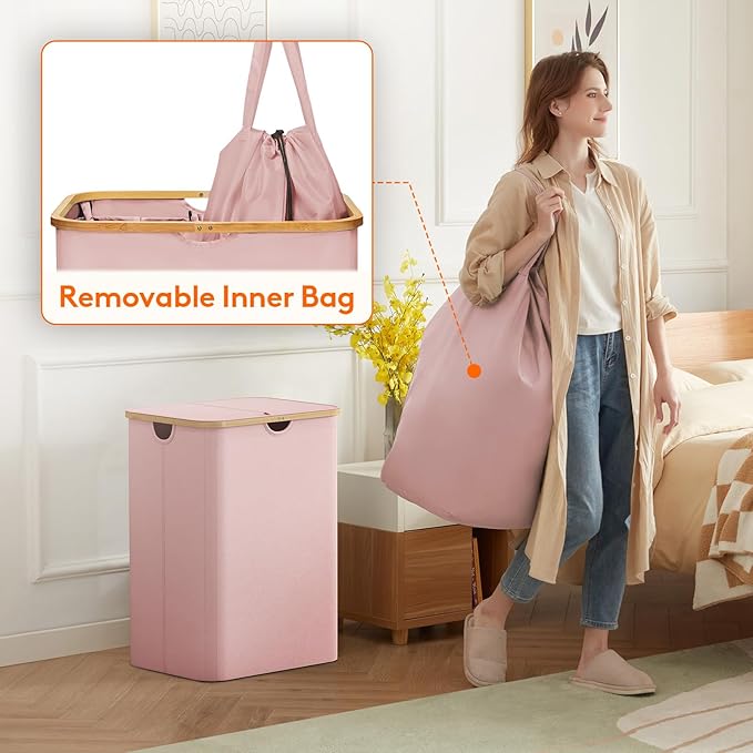 Lifewit 150L Laundry Basket with Lid, Clothes Hampers for Laundry with Bamboo Handles and 2 Removable Bag, Large Foldable Lau