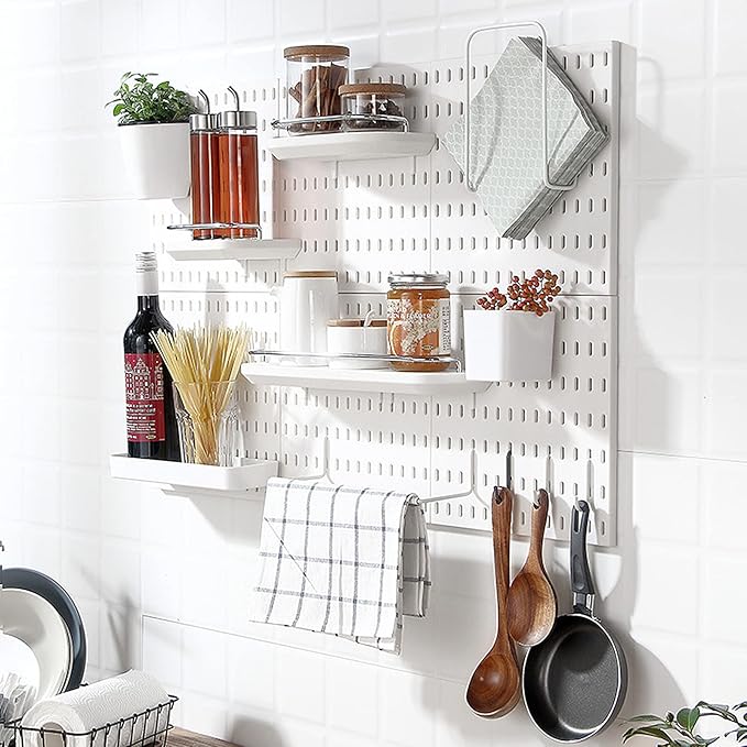 4 PCS White Pegboard Wall Organizer, Self-Adhesive Peg Board Wall Panel Kits Storage for Craft Room Garage Kitchen