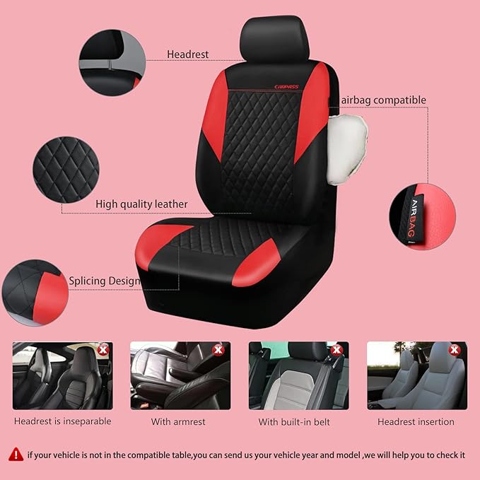 CAR PASS Red Leather Seat Covers Full Set-Universal Quilting Pretty Girly Car Seat Cover with 5mm Composite Sponge Inside,Air