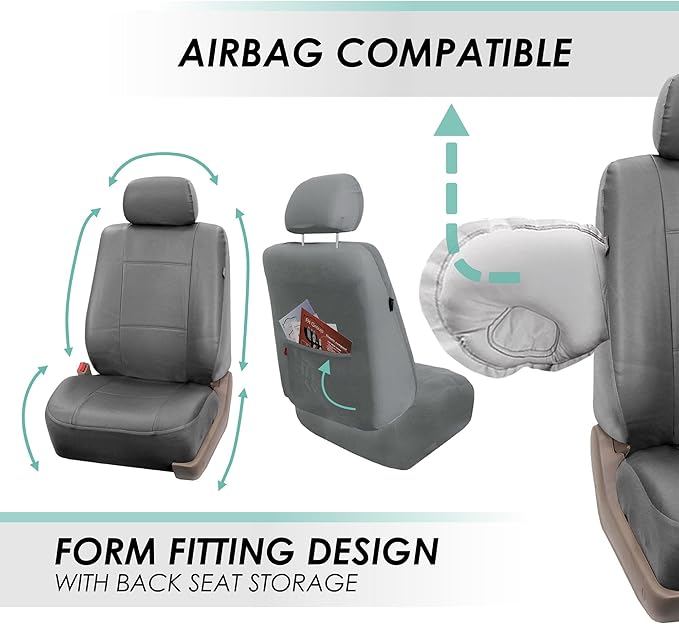 FH Group Seat Covers, PU Leather 3 Row w. 7 Headrests - Fit Most Car, Truck, SUV, Van (Solid Gray-128), Universal Fit