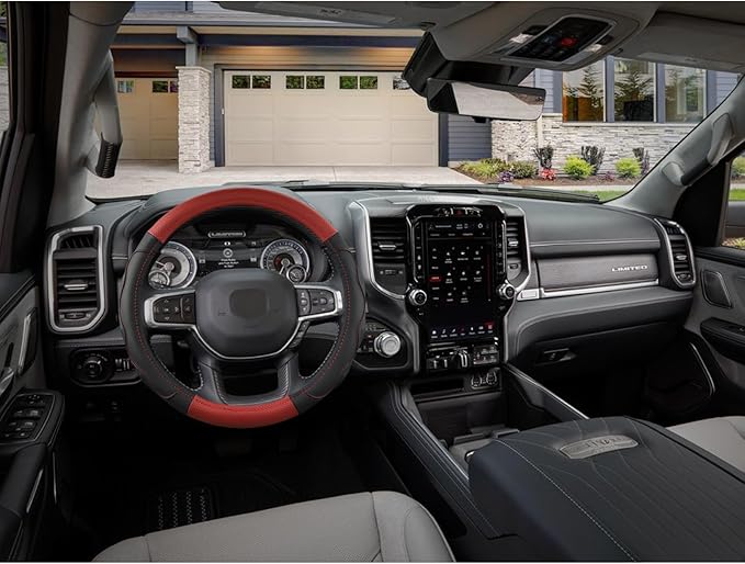 West Llama Customized Auto Car Steering Wheel Cover with 3D Texture for Dodge RAM 1500 2500 3500, 15.5-16 inch (Black+Red-Lar