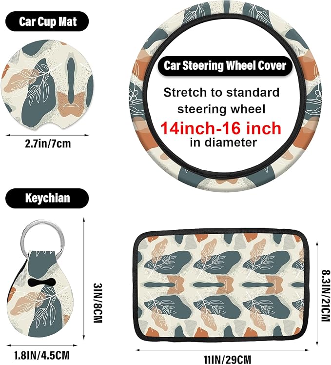10 PCE Mushrooms Steering Wheel Cover for Women Center Console Armrest Pad Headrest Seat Belt Cover Car Accessories for Women Interior,Car Accessories Set(Abstract Leaf)