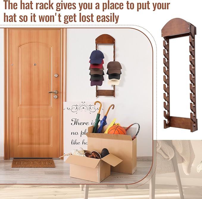 Wonderjune Wooden Hat Racks for Baseball Caps, Wall Mounted Baseball Cap Display Racks, Vertical Hat Storage Organizer, Doubl