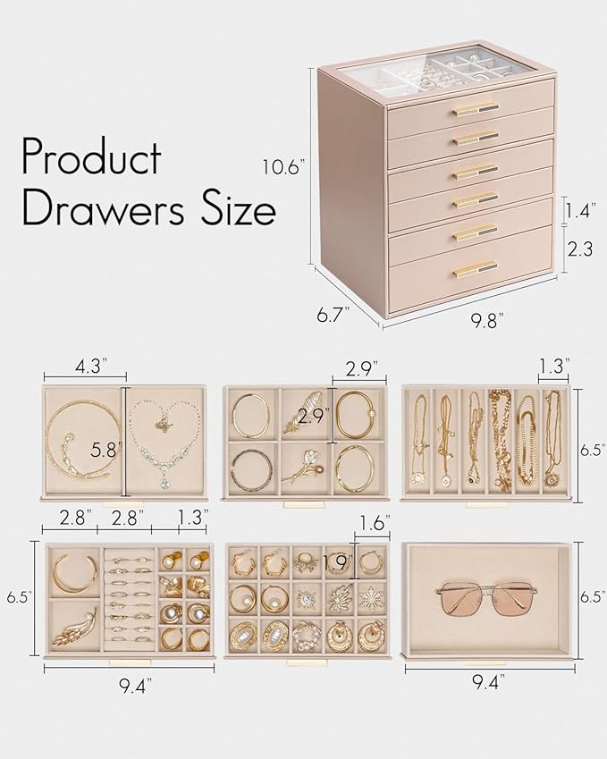 VLANDO 6 Layer Jewelry Box for Women, Glass Lid Jewelry Organizer with 6 Drawers for Necklaces Rings Earrings Bracelets - Tof