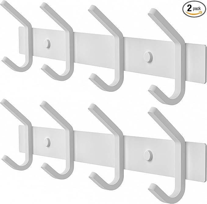 White Coat Rack Wall Mount – 12 Inch Stainless Steel Hook Rail with 4 Heavy Duty Double Coat Hooks – Wall Mounted Coat Hanger