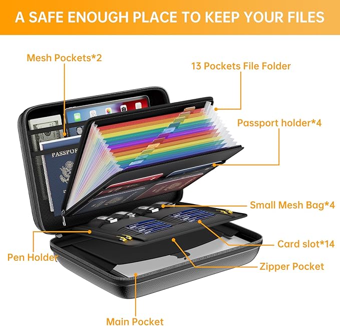 DocSafe Fireproof File Organizer with Lock, Hard-Shell Case Fireproof Document Box with 13 Pocket Accordion File Folder, Port