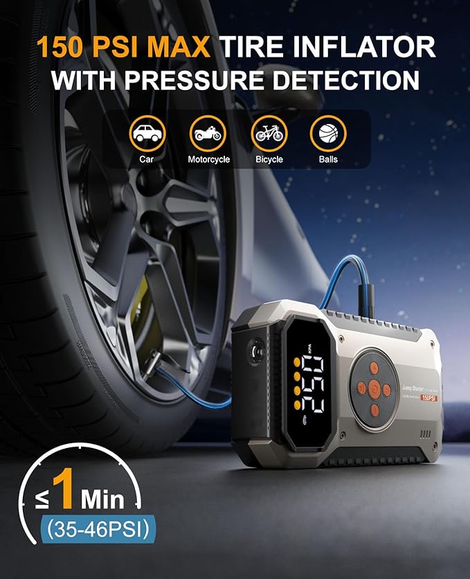 Portable Jump Starter with Air Compressor 5500A, 12V Car Charger Jump Starter Power Pack,150 PSI Tire Inflator and Jumper