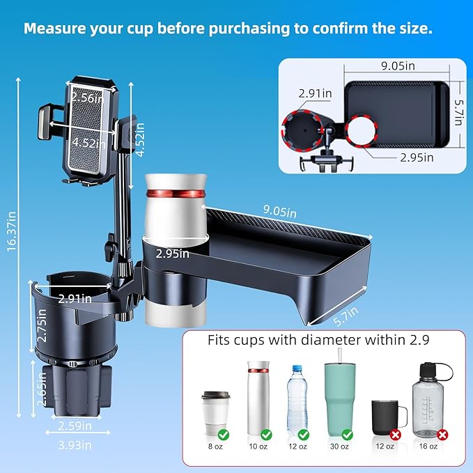 Car Cup Holder Tray, 4 in 1 Drink Holder Expander with Expandable Food Tray Table, for Road Trip Essentials & Daily Commute (