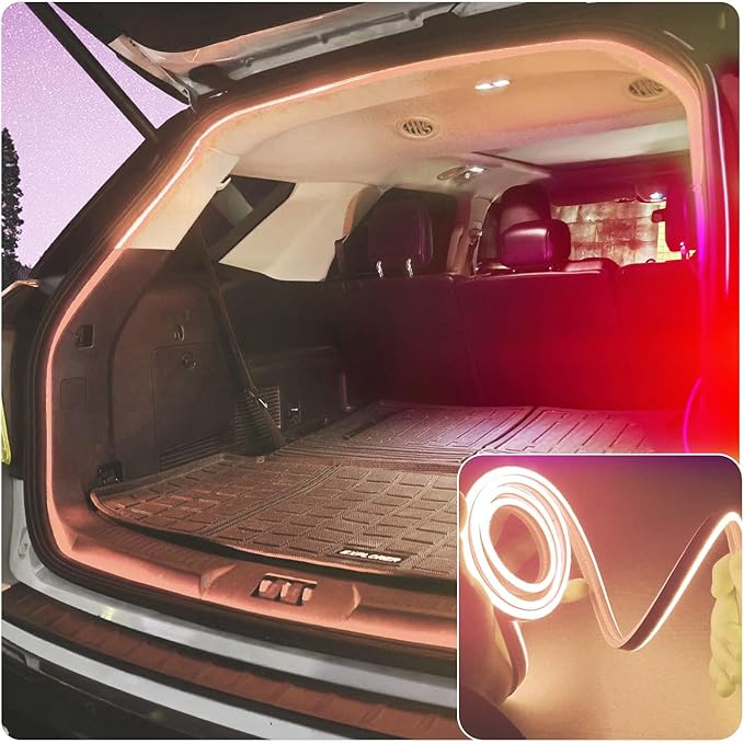 SUV Trunk Led Light Strip,Soft Rubber Ambient Lighting Bar Interior Decoration Bright Low Power Waterproof Concealed Installation Scalable 177 inch 12V 8W Warm White