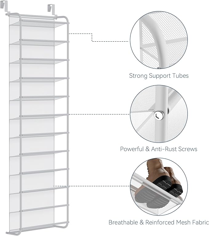 Whitmor 36 Pair Over The Door Shoe Organizer, 12 Tier Hanging Shoe Organizer, Heavy Duty Metal & Mesh Shoe Holder, Hanging Sh