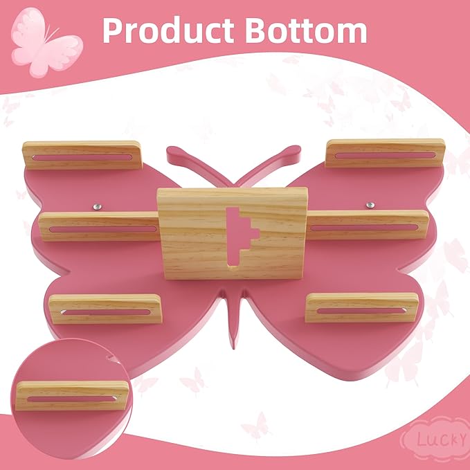 Pink Butterfly Tonie Shelf Wall Mounted - Tonies Wall Shelf for Toniebox, Charging Station, Magnetic Wood Display Floating Sh