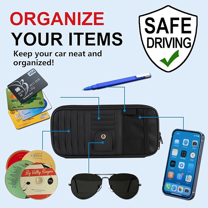 Car Visor Organizer CD Holder, Faux Leather Multi-Pocket Organizer Storage for Car/SUV/Truck with 13 CD Storage Sleeves, Sunglass Clip, Card Holder, CD Case Holder, Visor Accessories