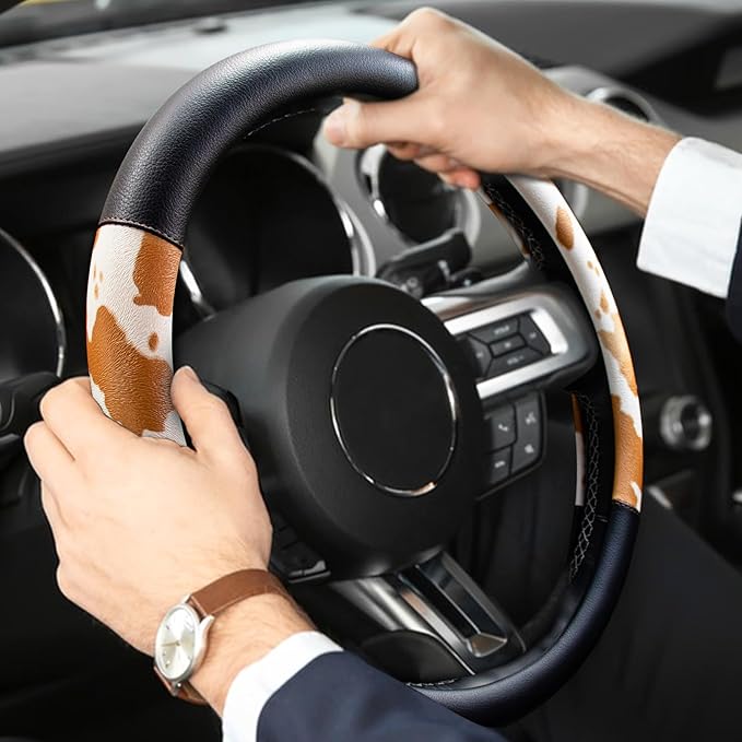Cow Print Car Steering Wheel Covers, Breathable Microfiber Leather for Women and Men, Universal 15 inch Anti-Slip Steering Wh