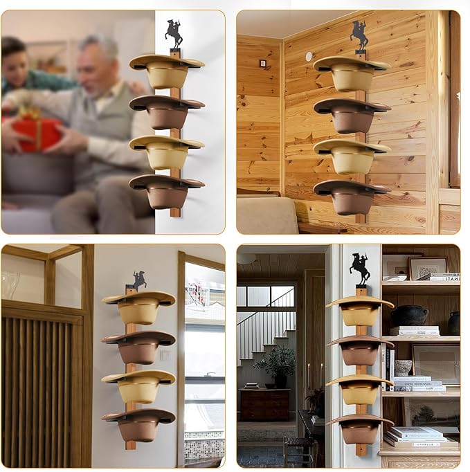Cowboy Hat Rack, 4 Pieces Hat Rack for Cowboy with Wooden Board, Gift Cowboy Hat Holder Wall Storage-Organizer Western Hats w