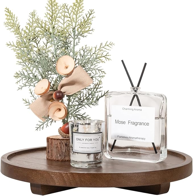 Round Decorative Tray Wood Bathroom Counter Organizer Farmhouse Kitchen Decor Wooden Riser for Soap Dish, Perfume, Candle, Sp