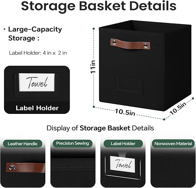 FinishingBo 6-Pack Storage Cubes with Handles & Label Holders Basket, Closet Cube Home Organizer Bins(Black, 10.5*10.5*11 inc