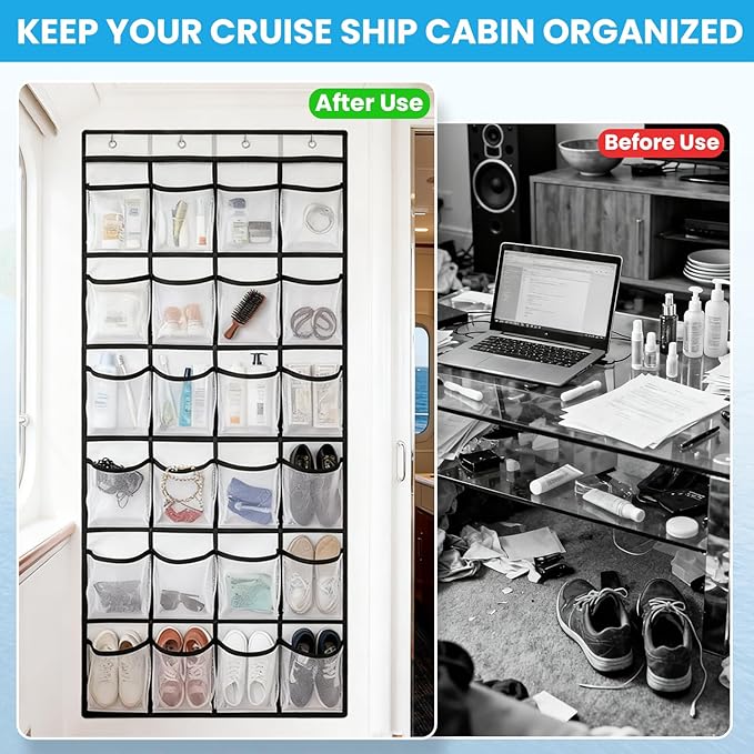 Cruise Essentials 2026 Over The Door Organizer For Cruise Ship 24 Pocket Magnetic Door Organizers with 4 Metal Hooks and 4 St