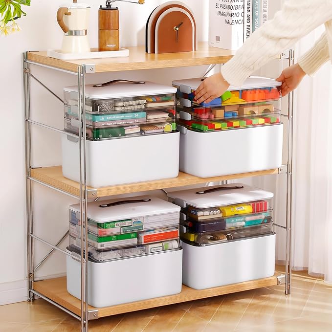 MOPALL 4-Tier Medicine Organizer Storage Box, Portable Latch Bin with Lid and Leather Handle, Cabinet Closet Organization for
