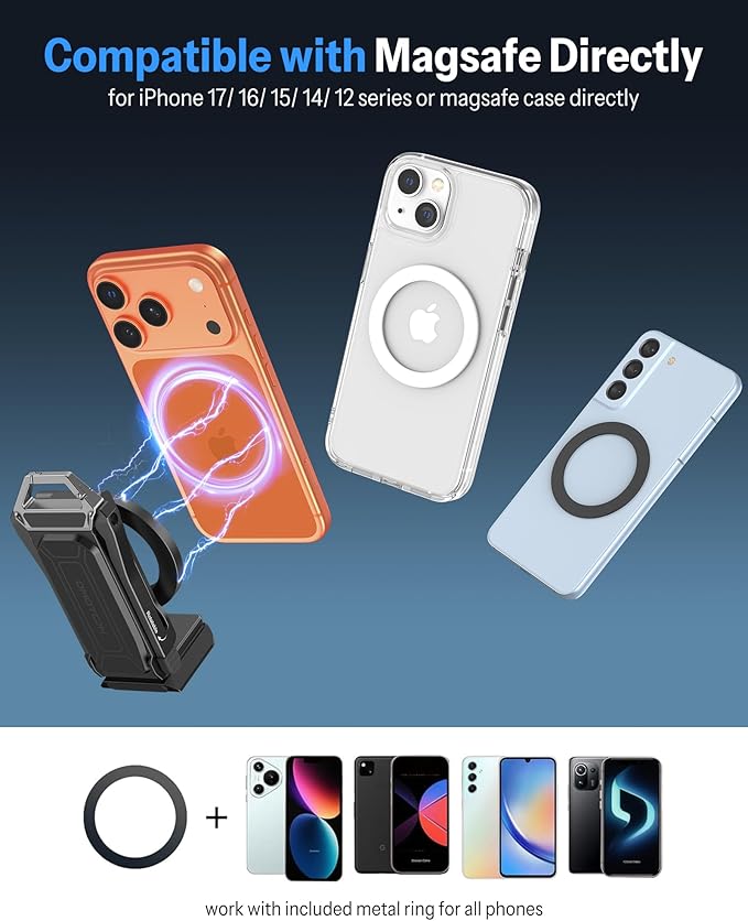 OMOTON TP02-Pro Magnetic Phone Holder for Vlogging, Content Creator Essentials with 1/4" Screw, Arca, Strong Back Magnet for Gym, Adjustable Phone Stand & Selfie Stick for iPhone 12-17 Series, Black