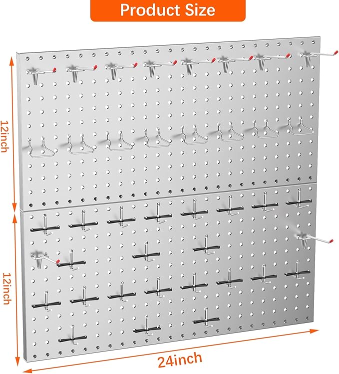 TORACK Metal Pegboard Wall Tool Organizer 24" x 24" or 12" x 48", 70 PCS Tools Storage Pegboard for Garage Peg Board Tool Org