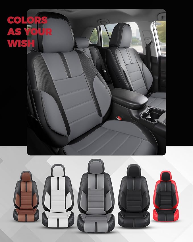 FREESOO Black Gray Car Seat Covers Full Set - Faux Nappa Leather Seat Covers for Cars, with Front Seatbelt Pads, Luxury Water