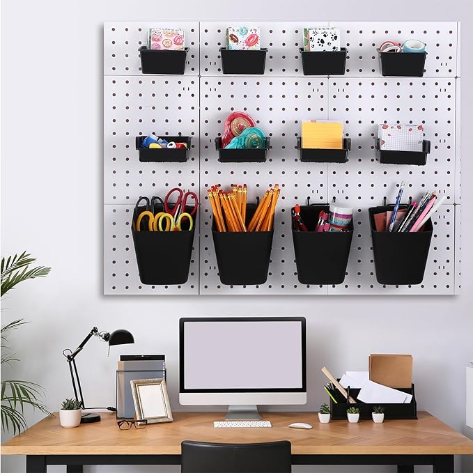 Uiifan 18 Set Pegboard Bins Kit Plastic Pegboard Cups with Metal Hooks Wall Containers Organizer Accessories with Label Stick