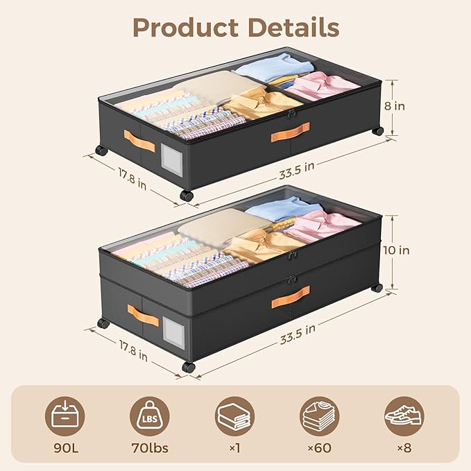 Under Bed Storage with Wheels, Large Capacity UnderBed Containers with Clear Lids, Shoe Organizer Under Bed Drawers, Rolling 