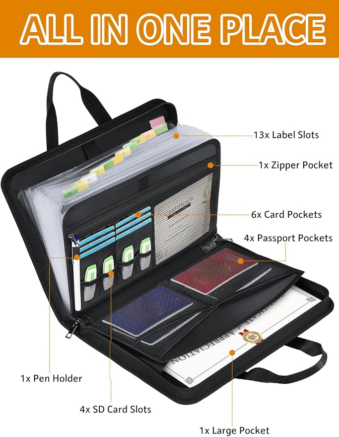 onvvippiv Important Document Organizer Folio Accordion File Organizer Fireproof Expanding File Folder Storage Box with Zipper