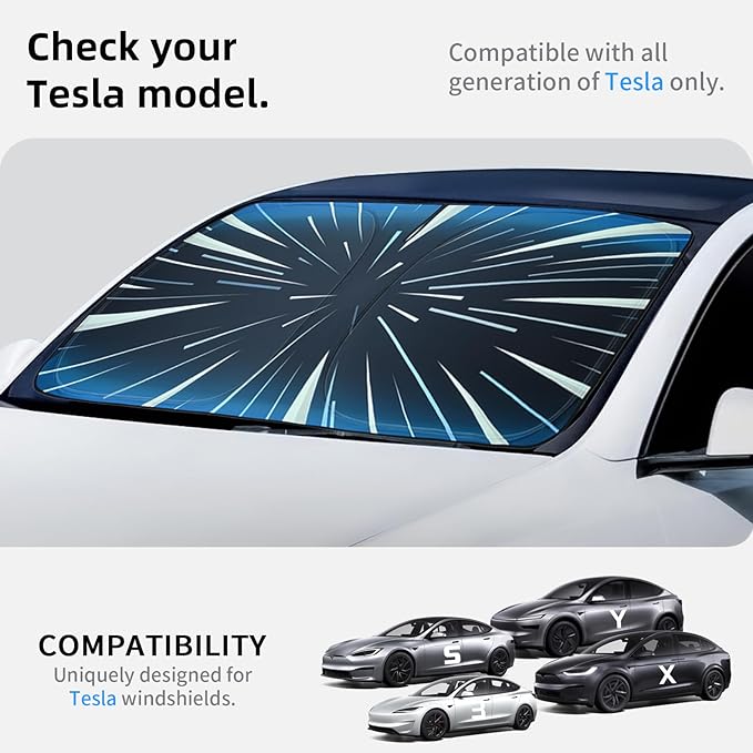 Ludicrous Sunshade for Tesla Model S/3/X/Y Front Windshield Sun Shade Accessories Juniper/Highland Foldable Car Window Sun Blocker with Organizer Bag,Triple-Coated Triple Layer