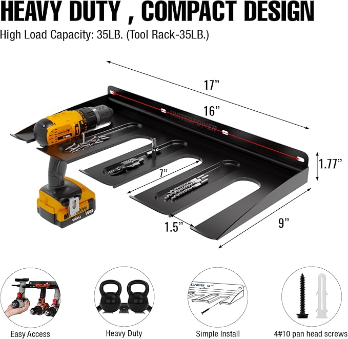 UNITEDPOWER Electric Drill Storage Rack, Holds 4 Drills, Wall Mounted Power Tool Organizer for Battery Powered Hand Tools, Wo