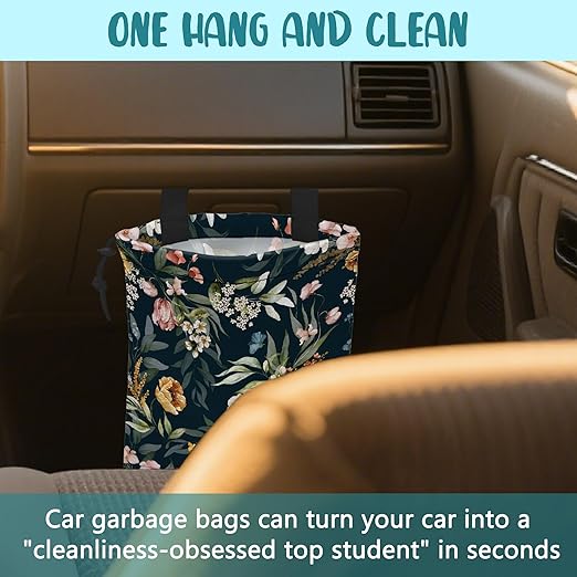 Car Garbage Bag Watercolor Floral Branches Hanging Canvas Car Trash Bag Waterproof Drawstring Car Back Seat Organizer for Car Back Front Seat Console with Adjustable Buckle