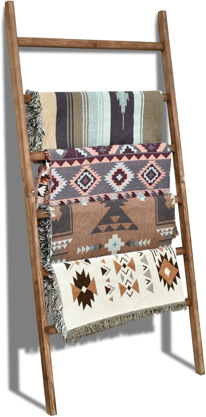 FUIN Extra Wide 6.4ft Wooden Blanket Ladder Living Room Decorative Wal Leaning Farmhouse Quilt Display Holder Rustic Wood Tow