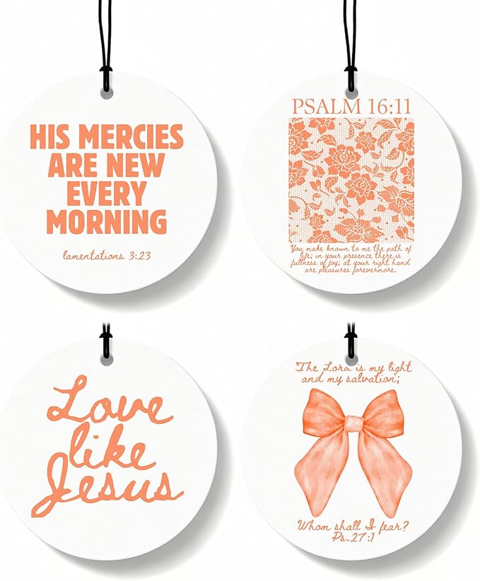 Orange Christian Round Car Air Freshener 4 Pcs, Girly Orange Bow Floral Religious Hanging Air Freshener for Cars Closet Drawe