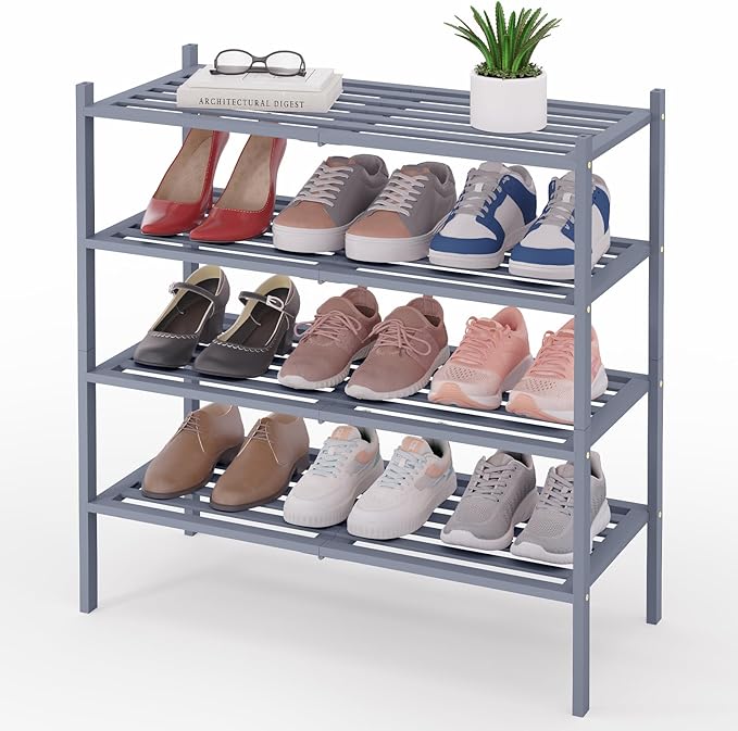 Smiry Bamboo Shoe Rack 4-Tier, Stackable Wooden Shoe Organizer for Entryway & Closet, Free Standing Wood Shoe Storage Shelf f
