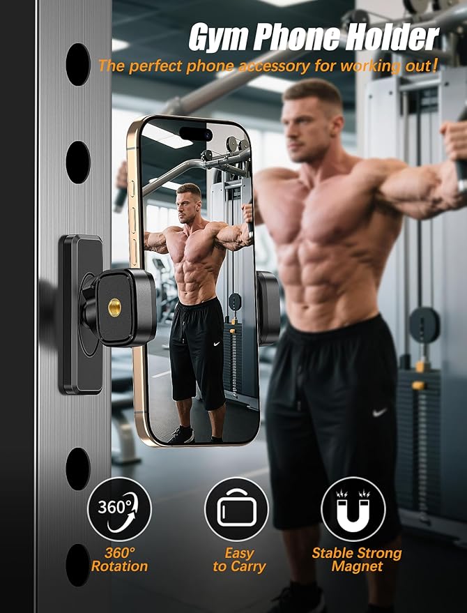 Gym Magnetic Phone Holder【Strong Magnets】- 360 Adjustable Magnetic Phone Mount, Phone Holder Gym Accessories for Men Women Compatible with All Smartphones 4.7-7"