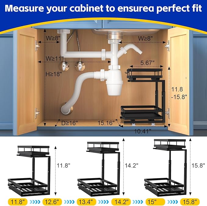 Under Sink Organizer, Dual-Rail Ball-Bearing, Under Kitchen Sink Organizer, 6-Level Adjustable, Under Cabinet Organizer, No-D