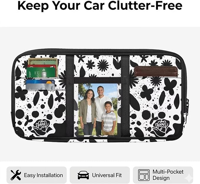 Floral Zippered Tactical Car Sun Visor Organizer with Adjustable Straps and Pockets Glasses Pouch with Storage Compartments and Card Holder Easy Installation Universal Fit for Most Cars SUV