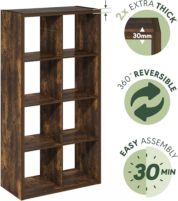 Furinno Cubicle Book Shelf, 8-Cube Bookshelf, Extra Thick Frame Horizontally & Vertically Reversible Bookcase with Open Back,