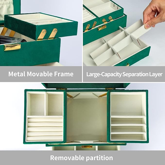 Dajasan Jewelry Organizer Box, Large Velvet Jewelry Boxes for Women Girls, Space-Saving 3 Layers Jewelry Storage Case with Dr