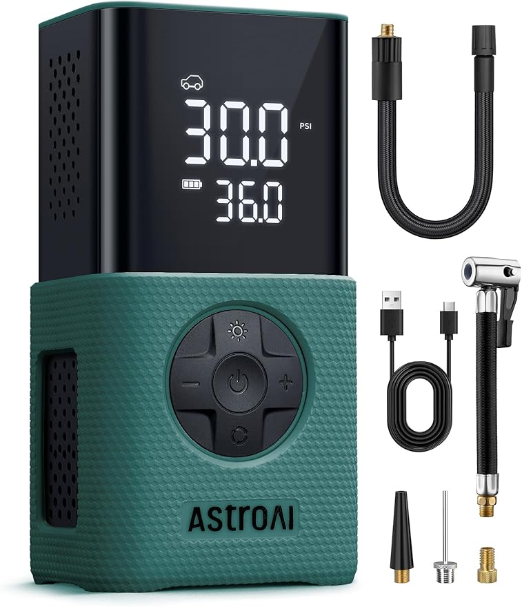 AstroAI Tire Inflator L7S Portable Air Compressor Cordless Bike Pump with Digital Dual Values Display, 150 PSI Car Tires Pump with LED Lights Air Pump for Cars, Motorcycles, Bikes, Balls Geen