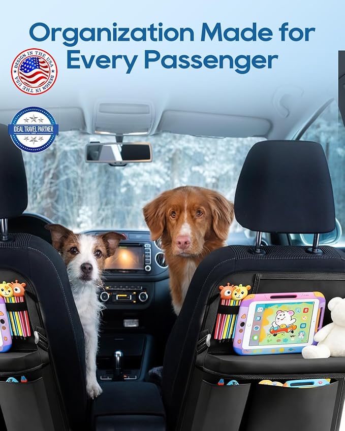 Backseat Car Organizer 4Pack with Table Tray Free Foot Hammock Car Seat Protector with Tablet Holder for Car, 7 Pockets Back Seat Organizer and Kick Mat for Kids Travel Accessories