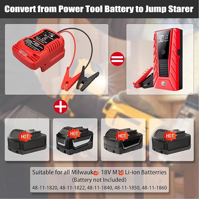 Jump Starter Adapter for Milwaukee M18 Battery, 12V Portable Car Jump Cables, Automotive Booster Cable Adapter, Jump Starting Dead or Weak Batteries, Engine up to 3.5 Liters (NO Battery)